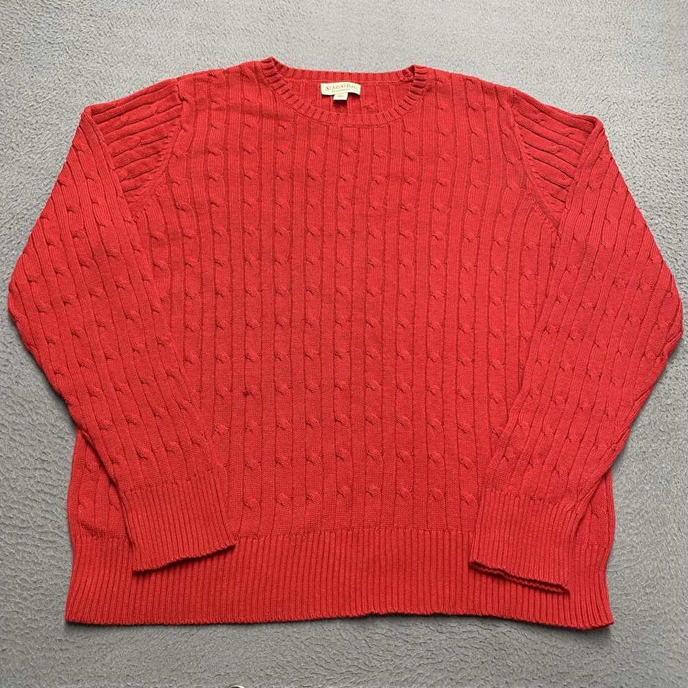 St Johns Bay Sweater Mens XL Red Cable Knit Cotton Crewneck Classic Pullover